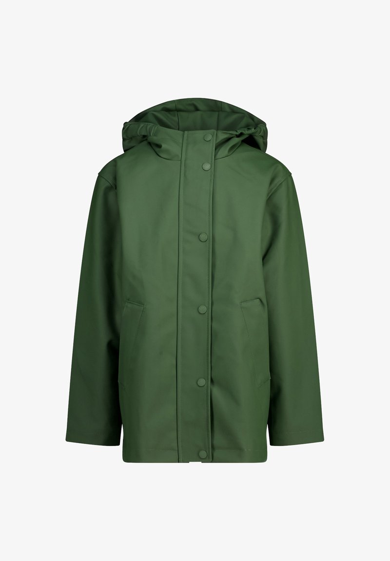 Abrigo verde impermeable con capucha, cierre de botones a presión, dos bolsillos frontales y una textura suave. Diseñado para proteger contra la lluvia.