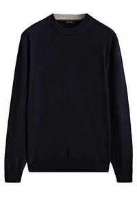 Pull col rond bleu marine en tissu doux, avec manches longues et texture subtile. Col et bas côtelés pour structure et ajustement.