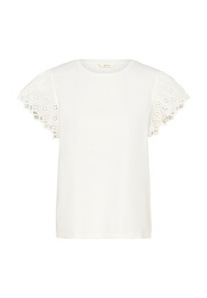 T-shirt blanc à manches courtes avec des découpes en dentelle sur les bords. Design classique à col rond, tissu doux et coupe décontractée.