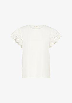 Bijela majica s kratkim rukavima s čipkastim izrezima na rubovima. Klasičan dizajn s okruglim izrezom, mekana tkanina i opušteni kroj.