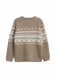Brun stickad tröja med ett geometriskt mönster i kräm, röd och grå. Har rund halsringning och ribbade ärmslut och nederkant.