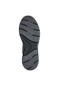 Suola di scarpa in gomma nera con un motivo di battistrada ondulato, caratterizzata da scanalature per la trazione e un design impresso al centro.