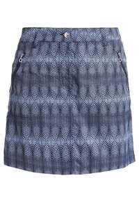 Granatowa spódnica z falistym wzorem w jaśniejszych odcieniach, z bocznymi kieszeniami i zapięciem na guzik z przodu. Lekki materiał.