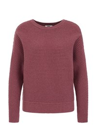 Vínový žebrovaný svetr s dlouhými rukávy, kulatým výstřihem a texturovaným vzorem. Má rovný lem a manžety na rukávech pro přiléhavý vzhled.