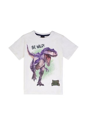 White short-sleeve t-shirt with a roaring purple dinosaur, “BE WILD!” text above, and “DINO WORLD” logo at the bottom right.