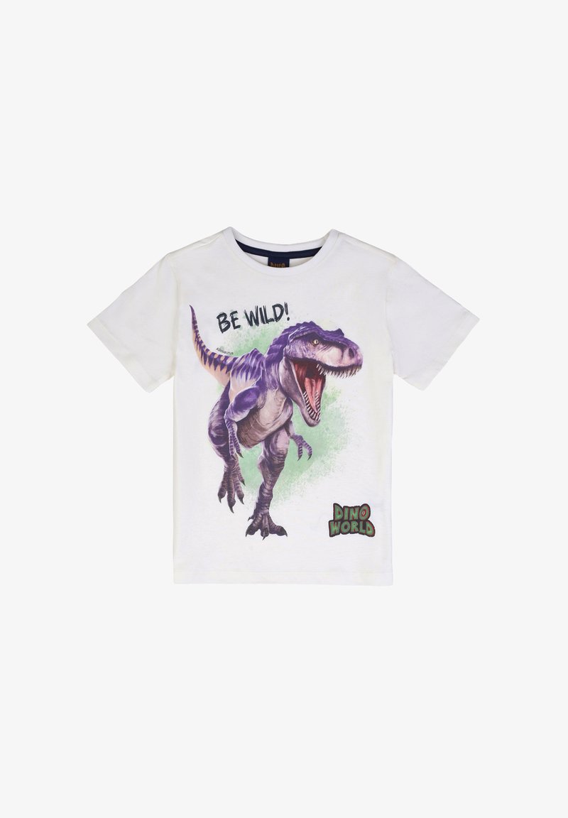 Maglietta bianca a maniche corte con un dinosauro viola che ruggisce, testo "BE WILD!" sopra e logo "DINO WORLD" in basso a destra.