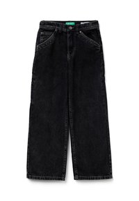 Vaqueros de mezclilla negros de pierna ancha con bolsillos frontales y trabillas para cinturón, cierre de botón y una etiqueta verde de United Colors of Benetton en el interior de la cintura.