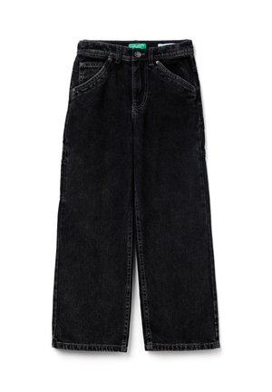 Jeans denim neri a gamba larga con tasche frontali e passanti per cintura, chiusura con bottone e etichetta verde United Colors of Benetton all'interno della vita.