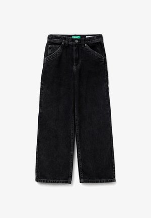 Vaqueros de mezclilla negros de pierna ancha con bolsillos frontales y trabillas para cinturón, cierre de botón y una etiqueta verde de United Colors of Benetton en el interior de la cintura.