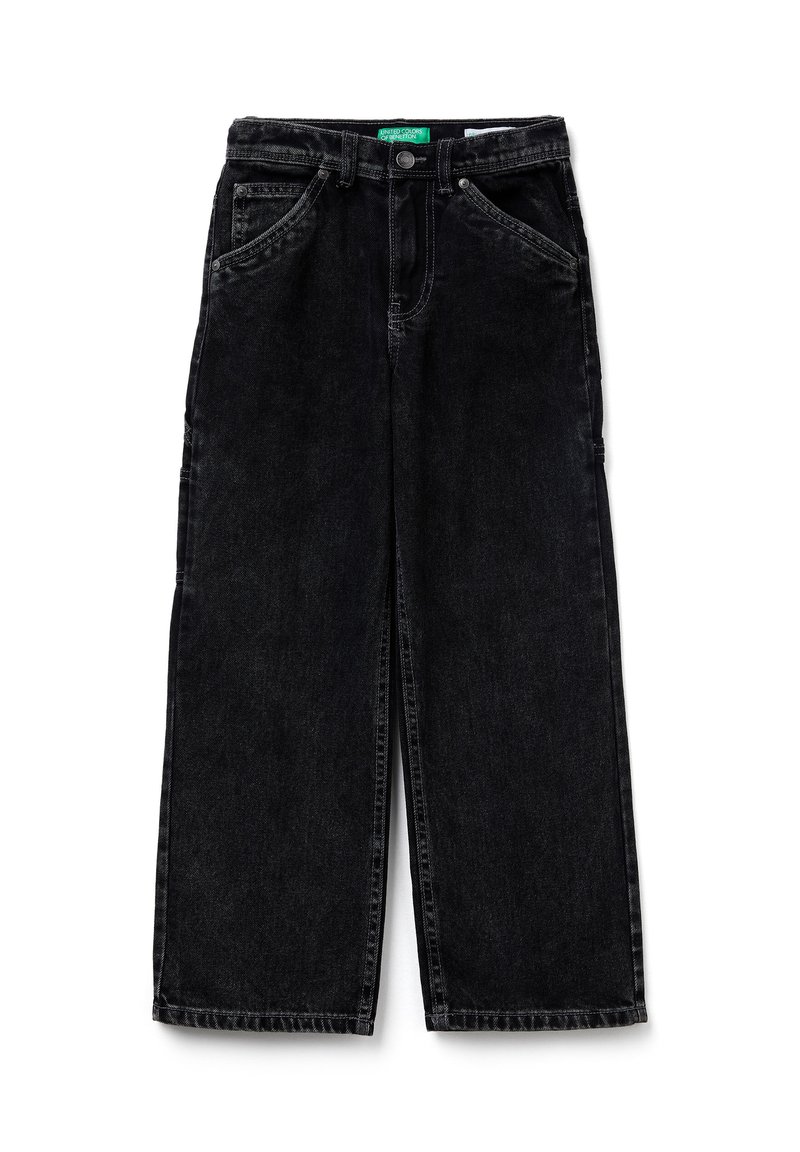 Vaqueros de mezclilla negros de pierna ancha con bolsillos frontales y trabillas para cinturón, cierre de botón y una etiqueta verde de United Colors of Benetton en el interior de la cintura.