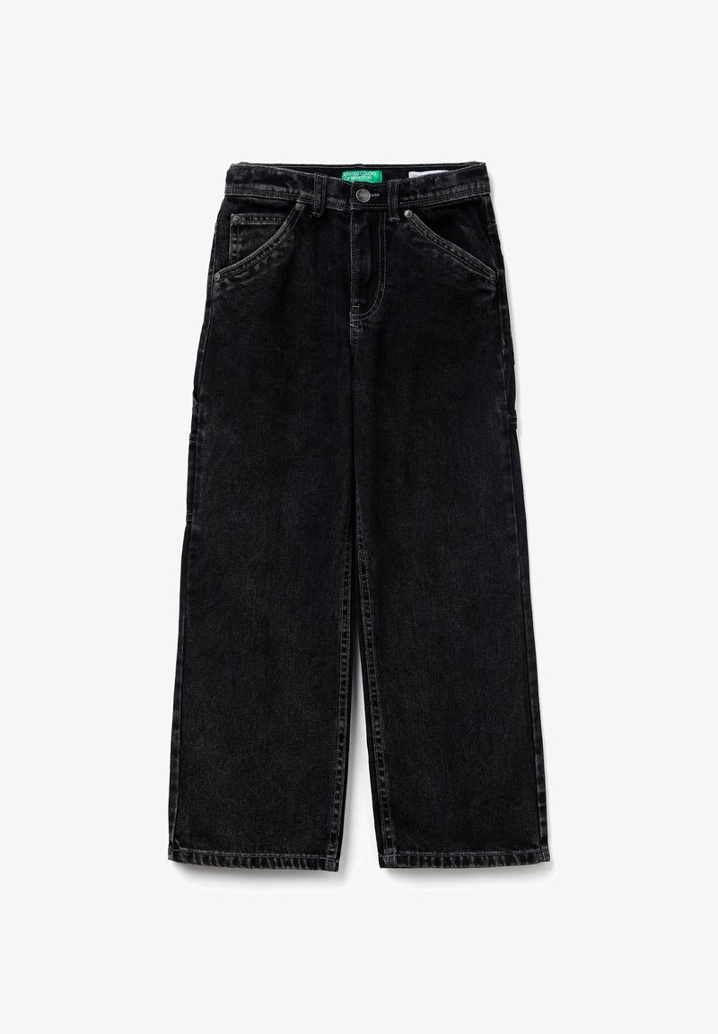 Vaqueros de mezclilla negros de pierna ancha con bolsillos frontales y trabillas para cinturón, cierre de botón y una etiqueta verde de United Colors of Benetton en el interior de la cintura.