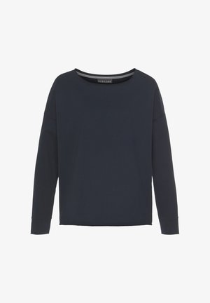 Marineblaues Langarm-Sweatshirt aus weichem Stoff, mit weitem Ausschnitt und lockerer Passform. Einfaches Design ohne Verzierungen.