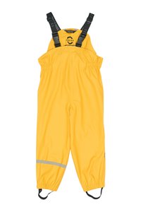 Mono impermeable amarillo con tirantes negros ajustables, cintura elástica y banda reflectante gris en la parte inferior de las piernas.
