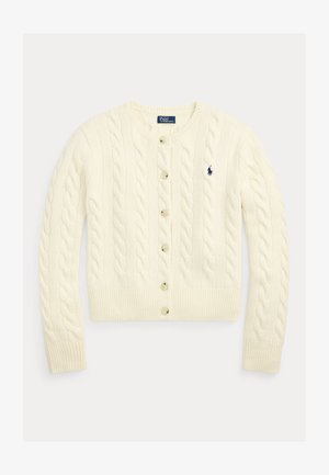 Kremowy kardigan z warkoczowym splotem, na guziki, z długimi rękawami i haftowanym granatowym logo Polo Ralph Lauren na piersi.