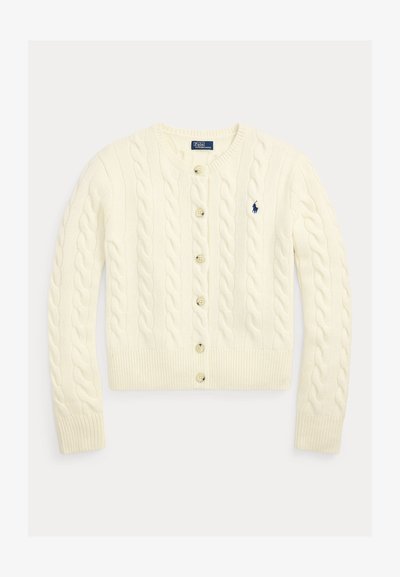 Cardigan crem tricotat cu model torsadat, cu nasturi, mâneci lungi și logo Polo Ralph Lauren brodat bleumarin pe piept.
