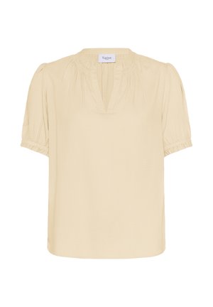 Short-sleeved, light beige blouse with a pleated neckline and gathered sleeves. Made from textured fabric, featuring a relaxed fit.