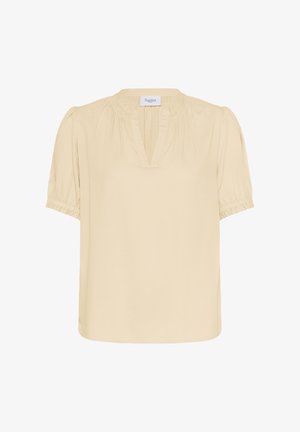 Krátký rukáv, světle béžová blůza s řaseným výstřihem a s řasenými rukávy. Vyrobena z textured látky, s volným střihem.
