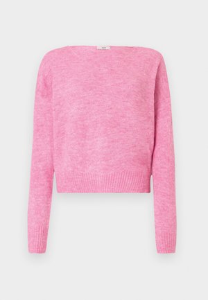Un pull court rose clair en tissu tricoté doux, doté de manches longues et d'un ourlet côtelé. Design simple et sans couture avec un col large.