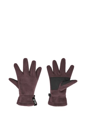 Paire de gants en polaire violet foncé, l’un montrant la paume avec un patch de grip noir, l’autre montrant le dos avec une étiquette de marque près du poignet, isolé sur fond blanc.