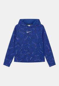 Felpa Nike blu con un motivo geometrico, dotata di tasca frontale, cappuccio regolabile e logo argentato. Realizzata in tessuto morbido e leggero.