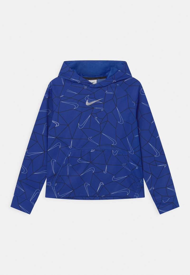 Felpa Nike blu con un motivo geometrico, dotata di tasca frontale, cappuccio regolabile e logo argentato. Realizzata in tessuto morbido e leggero.