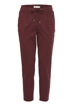 Pantalons de survêtement bordeaux en tissu doux, avec une taille élastique dotée d'un cordon de serrage, des poches latérales et des jambes fuselées.