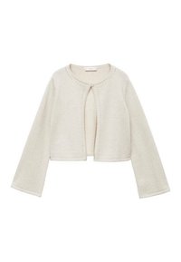 Hellbeige, verkürzter Cardigan aus weichem Strickstoff. Hat einen runden Ausschnitt, lange ausgestellt Ärmeln und dekorative gestickte Akzente.
