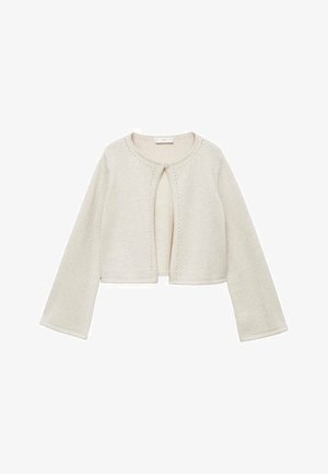 Hellbeige, verkürzter Cardigan aus weichem Strickstoff. Hat einen runden Ausschnitt, lange ausgestellt Ärmeln und dekorative gestickte Akzente.