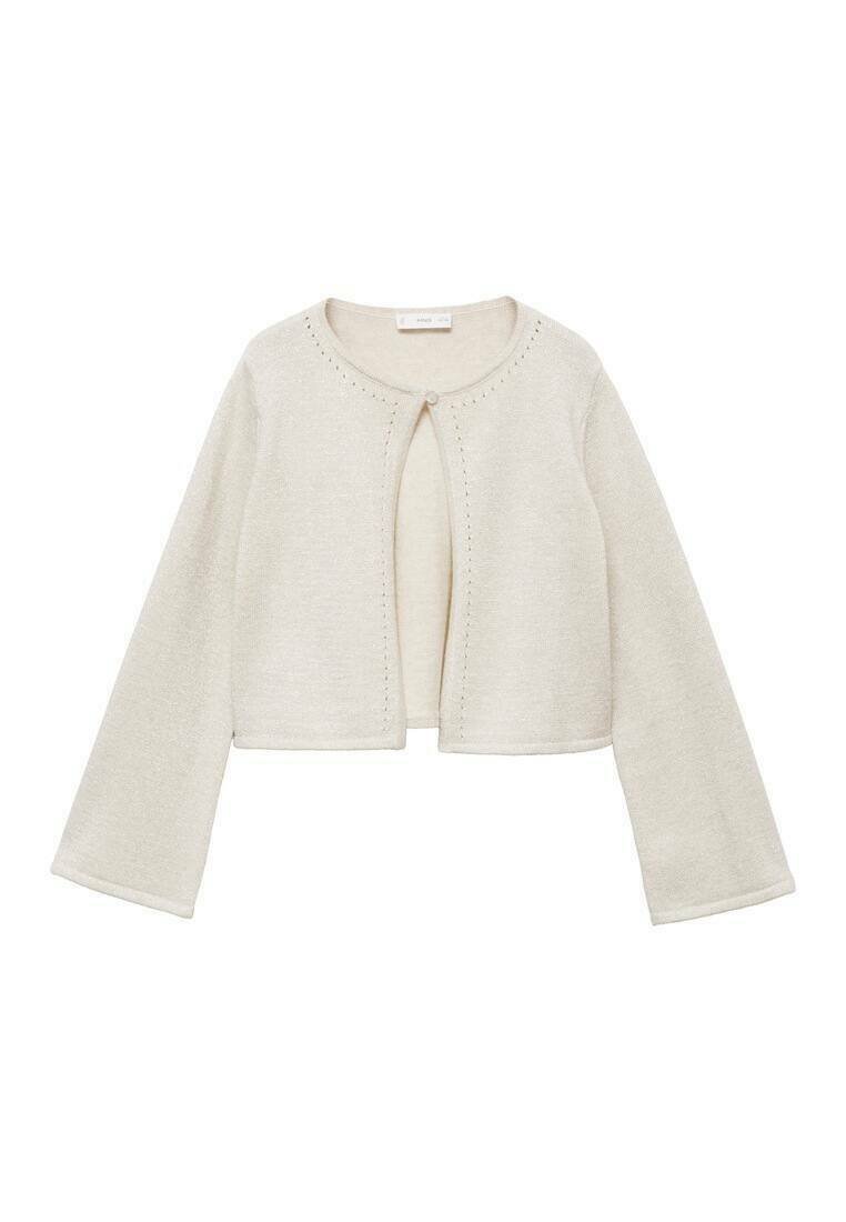 Hellbeige, verkürzter Cardigan aus weichem Strickstoff. Hat einen runden Ausschnitt, lange ausgestellt Ärmeln und dekorative gestickte Akzente.