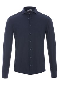 Marineblauwe langemouwen shirt met een kraag met knopen, featuring een voorplacket met bijpassende knopen en manchetten aan het einde van de mouwen.