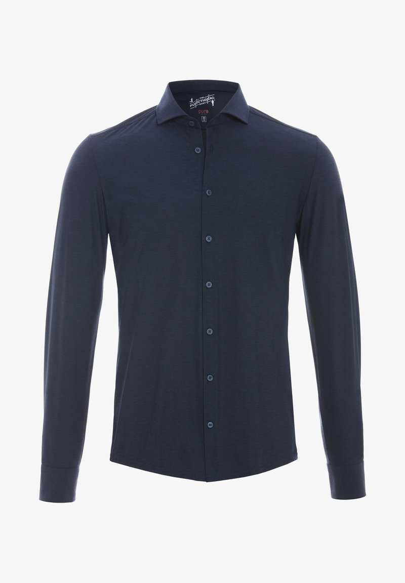 Marineblauwe langemouwen shirt met een kraag met knopen, featuring een voorplacket met bijpassende knopen en manchetten aan het einde van de mouwen.