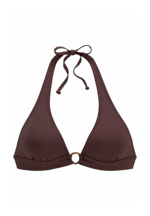 Brauner dreieckiger Bikini-Oberteil mit Halterneck-Bindungen, ausgestattet mit einem goldenen Ring in der Mitte und gerafftem Stoff für Textur.