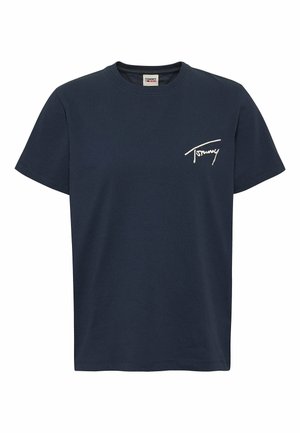 Marineblauw T-shirt met korte mouwen en ronde hals met klein wit "Tommy" logo op de linkerborst.