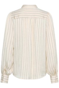 White striped blouse with blue lines. Features a classic collar, buttoned cuffs, and pleated back. Light, textured fabric.