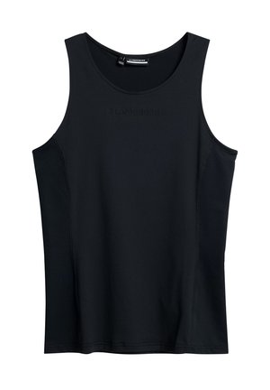 Svart ärmlös linne i stretchmaterial, med rund halsringning och präglad logotyp på framsidan. Slät yta och figurnära design.