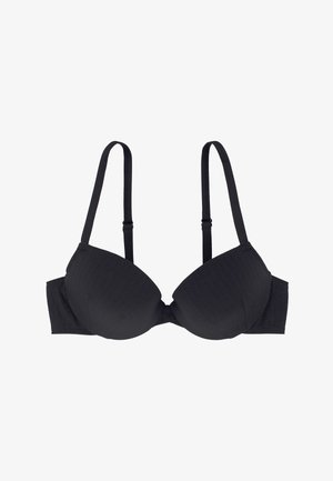 Czarny biustonosz z wyściełanymi miseczkami, regulowanymi ramiączkami i gładką teksturą. Posiada subtelny wzór w zygzak oraz zapięcie na haftkę z tyłu.