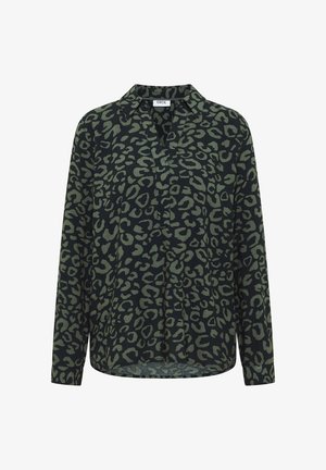 Zwarte shirt met een groene luipaardprint, lange mouwen, kraag en een losse pasvorm. Kenmerkt zich door een geplooid ontwerp aan de voorkant en een afgeronde zoom.