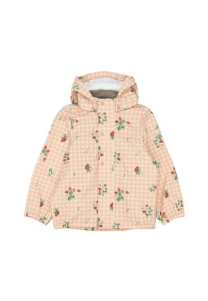 Jasnoróżowa kurtka w kratę z kwiatowym wzorem, kapturem, zatrzaskami i elastycznymi mankietami. Wykonana z lekkiego, wodoodpornego materiału.