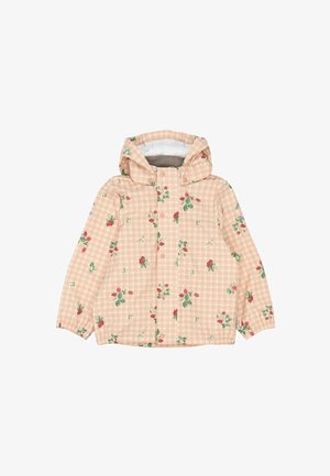 Jachetă în carouri roz deschis cu model floral, glugă, capse și manșete elastice. Realizată dintr-un material ușor, rezistent la apă.