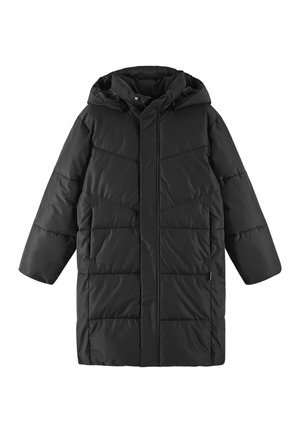 Cappotto imbottito nero con cappuccio, caratterizzato da un motivo a trapunta testurizzato, maniche lunghe e un design dritto. Nessun dettaglio hardware visibile.