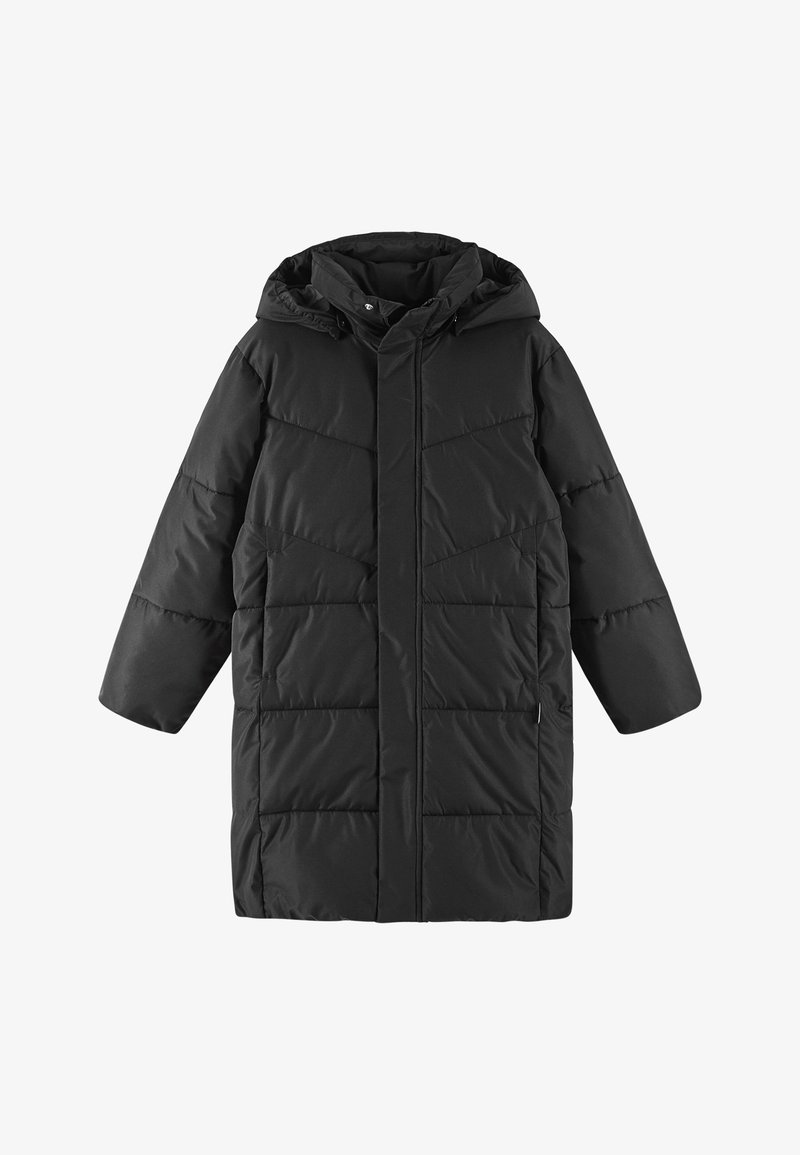 Black puffer coat with a hood, featuring a textured quilted pattern, long sleeves, and a straight cut design. No visible hardware details.