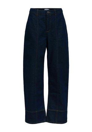 Tumši zili plaša piegriezuma džinsi ar priekšējām šuvju detaļām, pogu un rāvējslēdzēja aizdari, kā arī vidēji augstu vidukli.