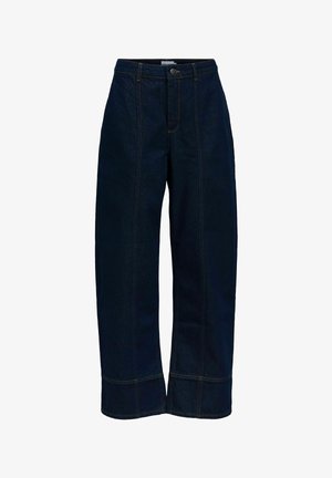 Tumesinised laiade säärega teksad esiküljel õmbluste, nööbi ja lukuga ning keskmise kõrgusega vöökohaga.