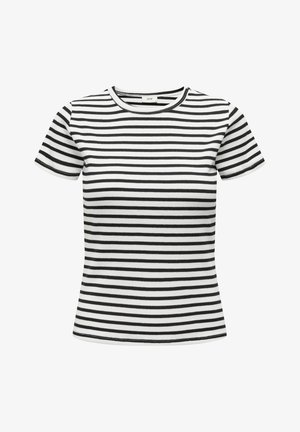 Black and white striped short-sleeve t-shirt with a round neckline, made of ribbed cotton fabric. Features evenly spaced horizontal stripes.