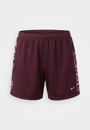 Μπορντό αθλητικό σορτς με ελαστική μέση και πολύχρωμες ροζ, κόκκινες και μαύρες πλευρικές λωρίδες με λεοπάρ μοτίβο, λευκό λογότυπο Nike στο αριστερό πόδι.