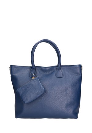 Blauwe leren tote bag met een gestructureerd oppervlak, dubbele handvatten en een afneembare bijpassende pouch. Heeft eenvoudige, strakke lijnen en een ruime indeling.