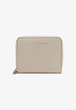 Beżowy portfel ze skóry zapinany na zamek błyskawiczny wokół z napisem "Liebeskind Berlin" wytłoczonym na przodzie oraz srebrnym suwakiem po lewej stronie.