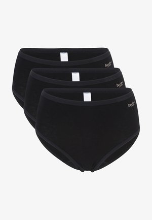 Black brief underwear, made from soft fabric, featuring a simple design with a smooth waistband and subtle logo detailing. Set of three.