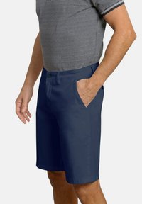 Pantalones cortos azul marino con una textura suave, bolsillos laterales y cierre de botón en la cintura. Llevados con una camisa tipo polo gris a cuadros.