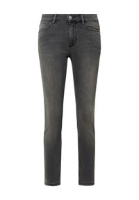 Szare dżinsy o slim fit, z pięcioma kieszeniami, zapięcie na guzik z przodu oraz lekkim przetarciem na udach. Prostota nogawki.